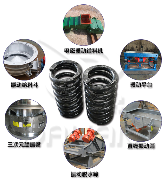旋振篩減震彈簧適用產(chǎn)品：振動(dòng)給料機(jī)，電磁振動(dòng)給料機(jī)，振動(dòng)平臺(tái)，直線(xiàn)振動(dòng)篩，振動(dòng)脫水篩，三次元旋振篩。
