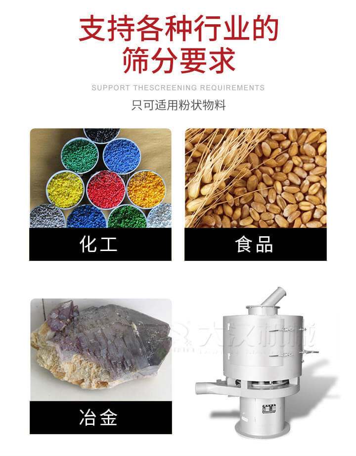 氣流篩用于礦粉，石墨粉，活性納米碳酸鈣，鋁灰，大豆粉，碳酸重鈣，石墨粉，木粉，干草，重金石粉，藥粉末，橡膠顆粒，草酸鹽，干料粉，木粉，聚酯粉，干粉，塑料，金屬粉末，橡膠粉，粉煤灰，石墨粉，陶瓷粉，鋅粉，石英粉，石灰粉，鐵粉，金屬硅粉等。