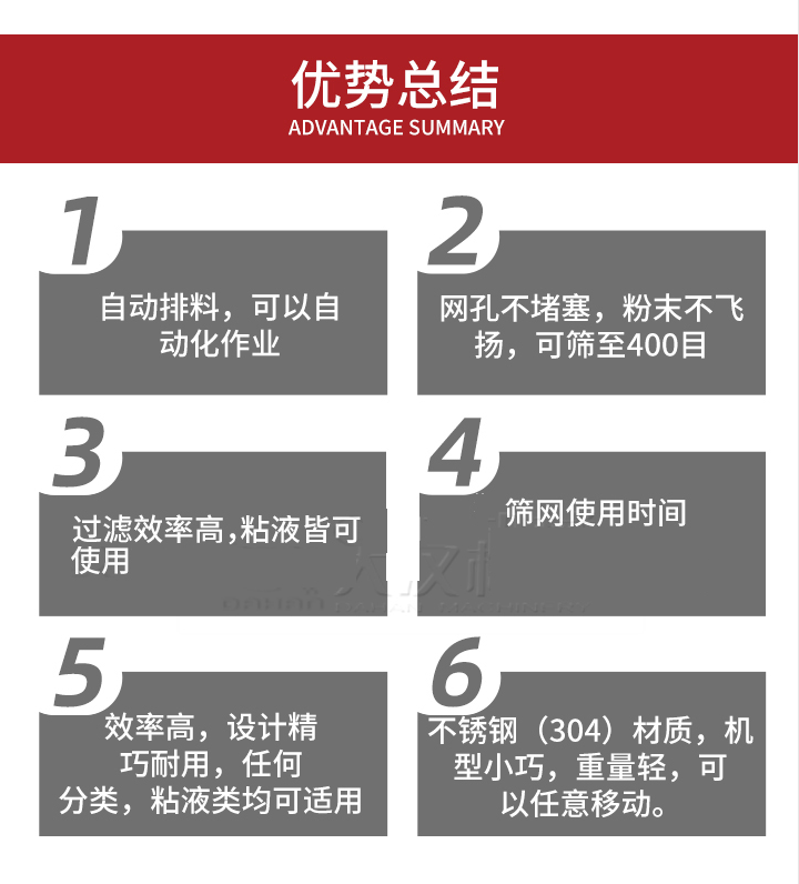 過濾篩優(yōu)勢總結(jié)：1，自動(dòng)排料，可以自動(dòng)化作用。2，網(wǎng)孔不堵塞，粉塵不飛揚(yáng)，可篩至400目。3，過濾效率高，任何粒，粉，粘液也可使用。4，篩網(wǎng)設(shè)計(jì)大大提高了篩網(wǎng)使用時(shí)間，也魏換網(wǎng)提高了方便。5，效率高，設(shè)計(jì)精巧耐用，任何分類設(shè)計(jì)精巧耐用，任何分類，粘液類均可適用。6，不銹鋼材質(zhì)機(jī)型小巧，重量輕，可以任意移動(dòng)。