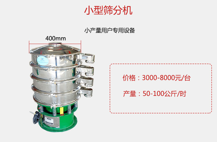 小型篩分機產(chǎn)量可達100公斤/時，價格3000元起。