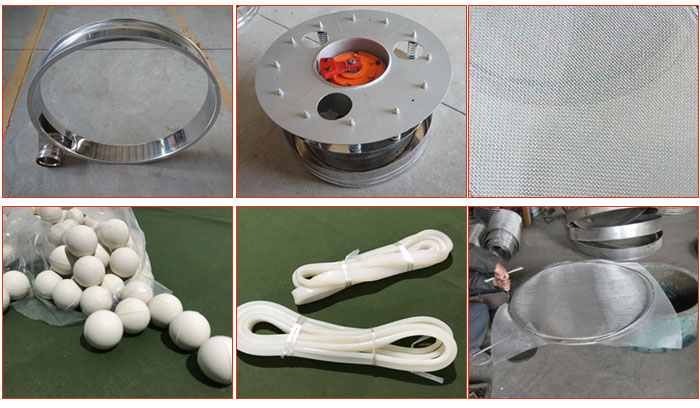 800型全不銹鋼振動(dòng)篩配件有：振動(dòng)篩篩框，電機(jī)，不銹鋼篩網(wǎng)等。