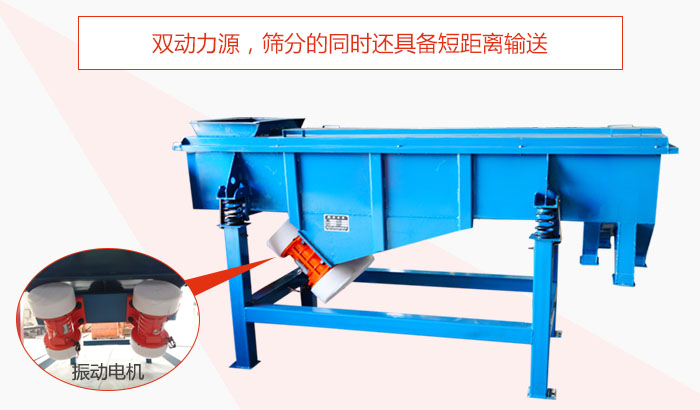 方形振動(dòng)篩雙動(dòng)力源，篩分的同時(shí)還具備短距離輸送。