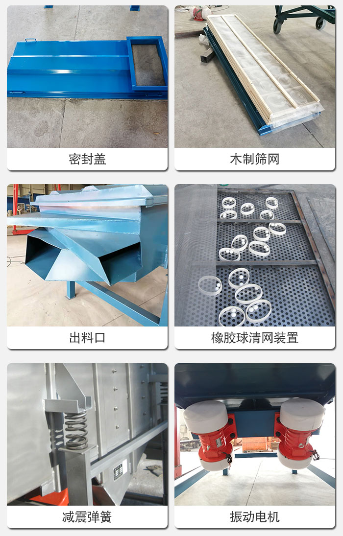 直線篩結(jié)構(gòu)展示：篩網(wǎng)，篩箱，振動電機(jī)，振動電機(jī)座，減震彈簧，支架等部件展示圖