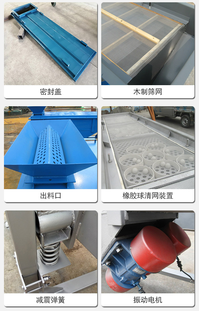 直線篩分機(jī)的結(jié)構(gòu)展示圖：篩箱是物料主要篩分設(shè)備之一，篩網(wǎng)用于篩分物料，振動(dòng)電機(jī)幫助篩網(wǎng)篩分。