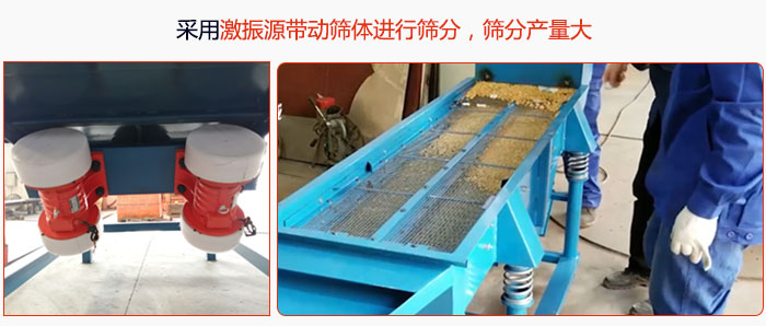 采用激振源帶動篩體進(jìn)行篩分，篩分產(chǎn)量大。