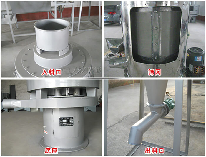 氣流篩部件展示：入料口，篩網(wǎng)，底座，出料口等。