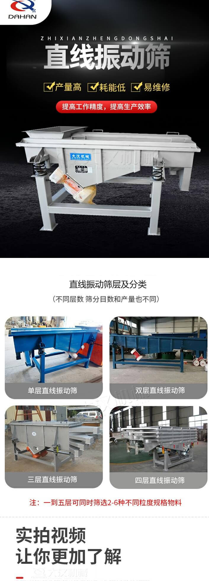 直線振動(dòng)篩概述，產(chǎn)量高，耗能低，易維修，提高工作精度，提高生產(chǎn)效率，直線振動(dòng)篩層級(jí)分類：不同層數(shù)，篩分目數(shù)和產(chǎn)量也不同：?jiǎn)螌?，雙層，三層，四層等。