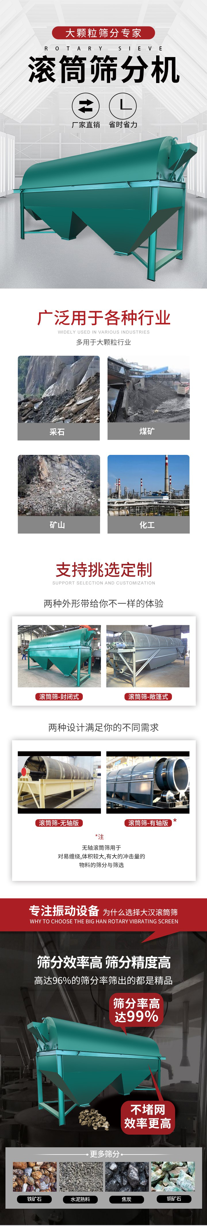 滾筒篩分機(jī)大顆粒篩分專家：廠家直銷，省時(shí)省力。滾筒篩被廣泛應(yīng)用各種行業(yè)：多用于大顆粒行業(yè)例如：采石，煤礦，礦山，化工等。滾筒篩定制類型有哪些：封閉式與敞篷式產(chǎn)品結(jié)構(gòu)分為：無軸式，有軸式兩種，無軸滾筒篩用于對(duì)纏繞，體積較大，有大的沖擊量的物料的篩分與篩選。滾筒篩篩分效率高篩分精度能夠達(dá)到：96%也比較適用于鐵礦石，水泥熟料，焦炭，銅礦石。滾筒篩特點(diǎn)：不飛粉末：密封隔離罩，密封性好，工作過程不會(huì)出現(xiàn)飛粉現(xiàn)象。外型尺寸是按筒體長計(jì)