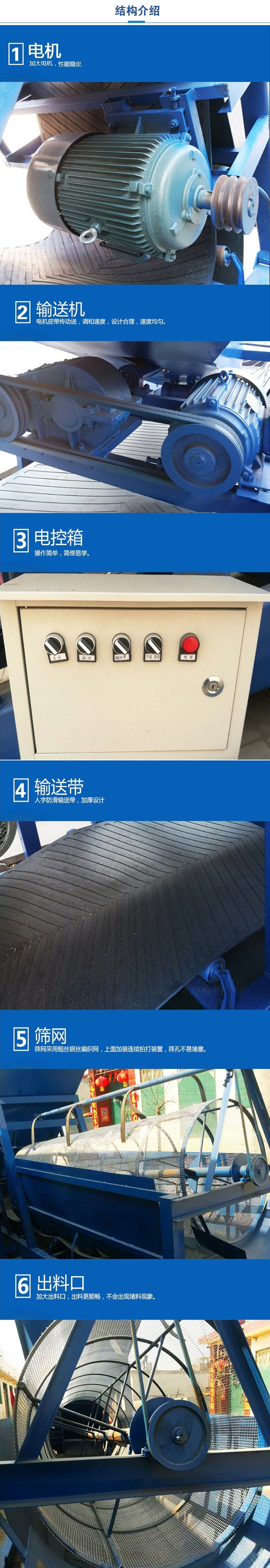 移動(dòng)篩沙機(jī)結(jié)構(gòu):電機(jī)，加大電機(jī)，性能相對比較穩(wěn)定。輸送機(jī)：電機(jī)皮帶傳動(dòng)送，調(diào)和速度，設(shè)計(jì)合理，速度均勻。電控箱：操作簡單，簡便易學(xué)。輸送帶：人字防滑輸送帶，加厚設(shè)計(jì)。篩網(wǎng)，采用粗絲鋼絲編織而成的篩網(wǎng)，上面加裝連續(xù)拍打裝置，篩孔不易堵塞。出料口：加大出料口，出料更順暢，不會(huì)出現(xiàn)堵料現(xiàn)象。