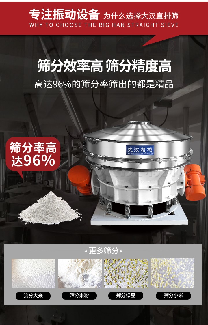 直排篩適用物料有面粉，淀粉，洗衣粉，金屬粉，添加劑，化工，非礦等行業(yè)。