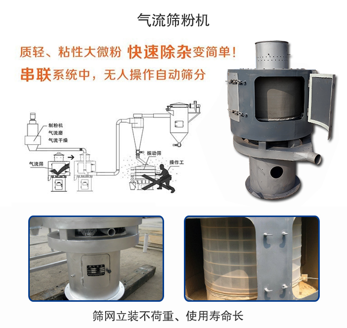 氣流篩粉機(jī)適用：質(zhì)輕，粘性大微粉采用串聯(lián)系統(tǒng)重，無(wú)人操作自動(dòng)篩分 特點(diǎn)：篩網(wǎng)立裝不負(fù)重，使用壽命長(zhǎng)。