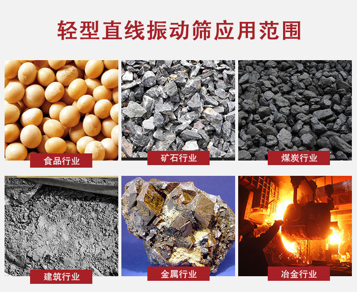 輕型直線振動篩應(yīng)用范圍較廣多使用與顆粒狀，粉狀以及其它重型行業(yè)的輸送。