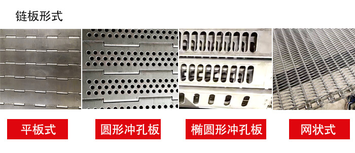 鏈板輸送機鏈板的不同形式：平板式，圓形沖孔板，網(wǎng)狀式等