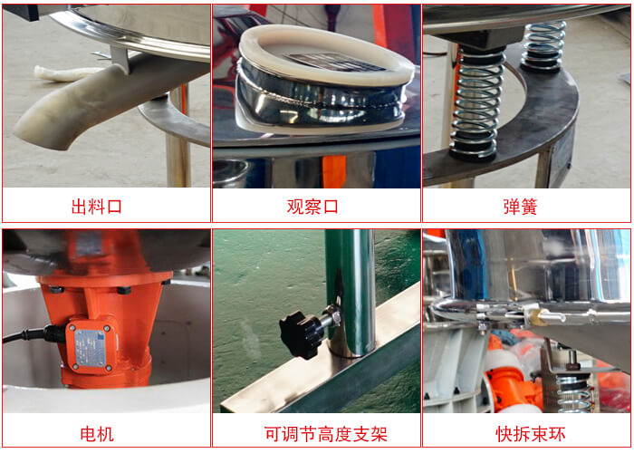 高頻篩細(xì)節(jié)展示：出料口，觀察口，彈簧，電機，可調(diào)節(jié)高度支架，快拆束環(huán)。