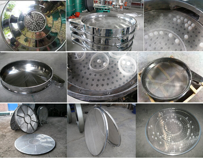 食品振動(dòng)篩細(xì)節(jié)展示：防塵蓋，篩框，網(wǎng)架，底框等。